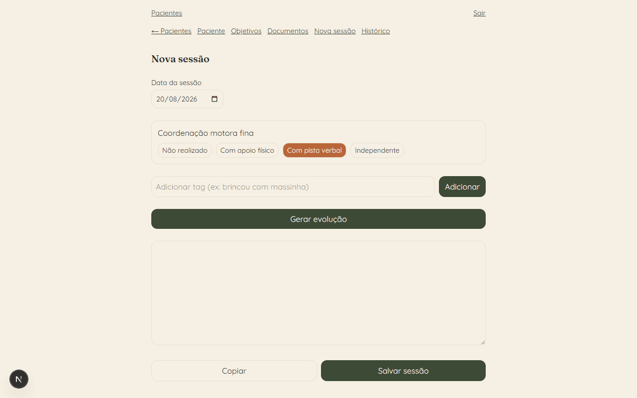 Registrando os objetivos trabalhados na sessão
